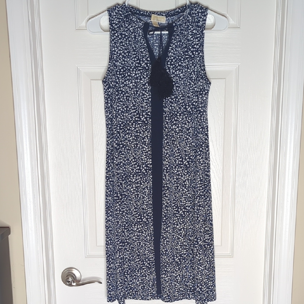 Michael Kors Sleeveless Navy Blue Print with Solid Stripe Tie Neck Dress XS